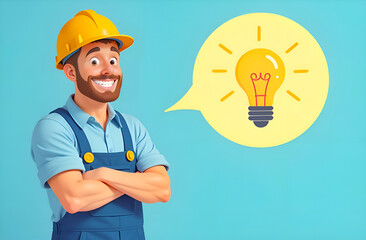 The repairman a smiling man in blue overalls and a yellow helmet, circle with a yellow idea lantern inside a circle