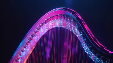 Fototapeta premium A harp with transparent strings glowing in neon hues, minimalist, close-up, dark background, soft bokeh effect