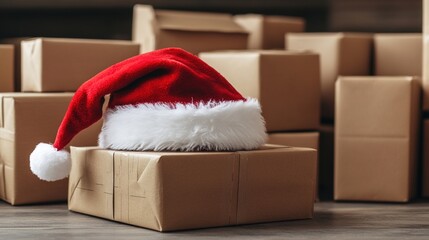 Santa hat placed on stacked cardboard boxes. E-commerce, retail, holiday marketing, holiday logistics, express delivery, gift transportation, winter logistics,delivery services during Christmas