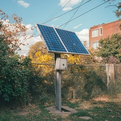 A modern solar panel stands in a sunny backyard, showcasing renewable energy technology amidst greenery and blue skies.