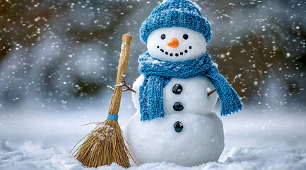 Christmas background. cute snowman and pine tree branch in snow. New Year and Christmas holidays. festive winter season. copy space. template for design
