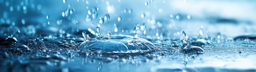 A serene close-up of water droplets splashing on a surface, creating a tranquil mood with vibrant blue hues.