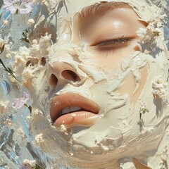 Naklejka premium A serene close-up of a woman's face covered in a creamy mask with delicate flowers, showcasing beauty and relaxation.