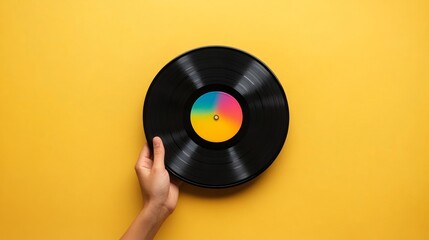 Obraz premium Hand holding a vinyl record against a yellow background.