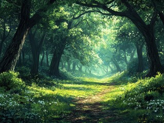 Naklejka premium A serene forest path illuminated by soft sunlight filtering through lush green trees, creating a peaceful natural landscape.