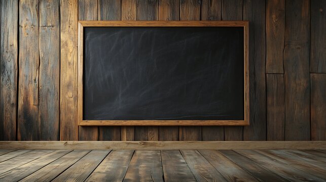 Blank Chalkboard on Rustic Wooden Wall and Floor. AI Generated