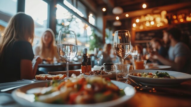 A lively restaurant scene with diners enjoying meals and drinks in a warm atmosphere.