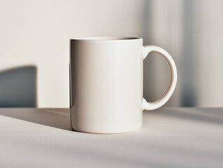 White Branding Mock Up Design: 
Plain white porcelain mug front view angle in white minimalist interior