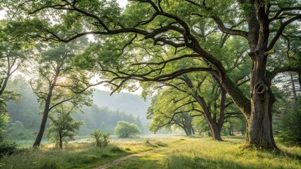 A serene summer forest landscape features towering trees with intricate branch patterns and foliage, outdoor scene, leafy foliage, natural beauty, verdant forest