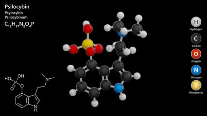 Molecule: Psilocybin. Hallucinogen. Molecular structure. Formula: C12H17N2O4P. Chemical model: Ball and stick. Black background. 3D illustration.