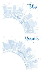 Fototapeta premium Outline Yerevan Armenia and Tbilisi Georgia City Skyline set with Blue Buildings and Copy Space. Cityscape with Landmarks. Business Travel and Tourism Concept with Historic Architecture.
