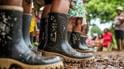 Women perform the Gumboot dance in rubber boots, captivating an excited crowd