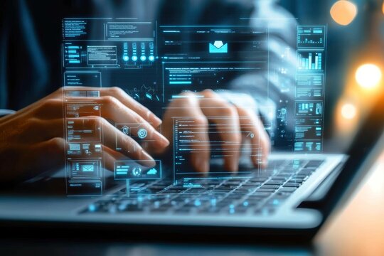 Social Media Page Digital Interface Overlay on Laptop with Typing Hand