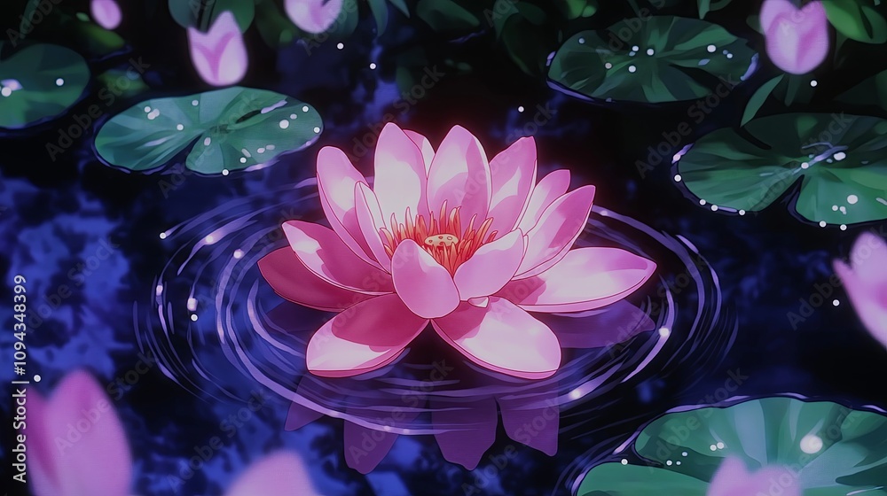 Poster a single lotus flower floating on a pond