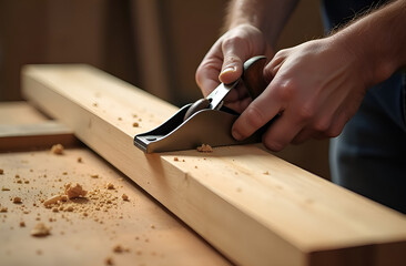 the worker's hands hold a plane 