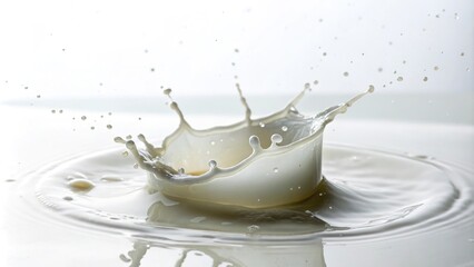 A single milk splash on a clean white surface with a sense of fragility, smooth, dairy, abstract, fragile,