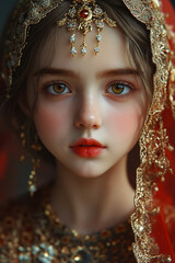 A close up of a doll wearing a red and gold outfit