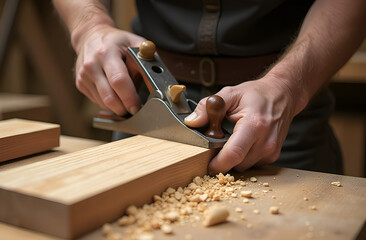the hands of a worker hold a plane and plan a wooden part