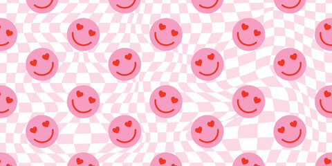 Funny happy face in love colorful cartoon seamless pattern. Retro psychedelic pink smile icon background texture for valentine's day or romantic concept. Trendy checkered doodle wallpaper.