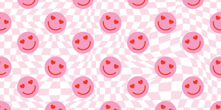 Funny happy face in love colorful cartoon seamless pattern. Retro psychedelic pink smile icon background texture for valentine's day or romantic concept. Trendy checkered doodle wallpaper.