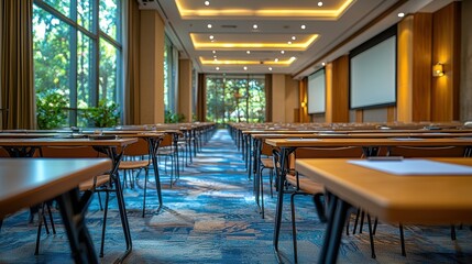 Fototapeta premium Conference room setup with rows of tables and chairs ready for an event in a modern venue