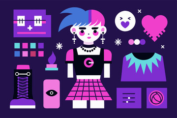 Retro punk character design with vibrant accessories and emojis for digital artwork