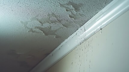 Damage caused by water leakage on a wall and ceiling at condominium. Soft focus.