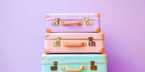 Three suitcases stacked on top of each other, each with a different color