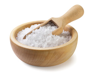 Salt in a wooden plate with a scoop on a white background. Isolated