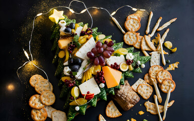 Christmas tree-shaped cheese board with crackers and garnishes festival food 