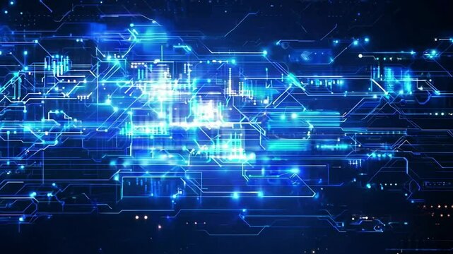 Abstract digital data stream with blue glowing lines and shapes