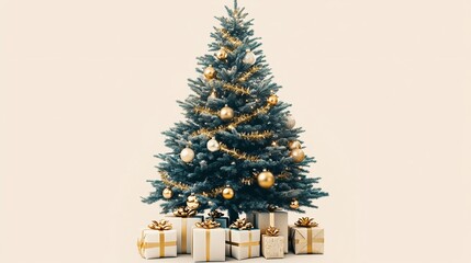 Fototapeta premium Deep Green Christmas Tree with Golden Ornaments and Tinsel on Light Cream Background