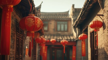 A festive courtyard with bright red lanterns and intricate banners for Lunar New Year