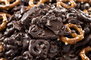 A close-up of dark chocolate chunks and pretzels, suggesting a delicious snack mix.