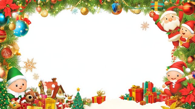 Festive christmas border with santa, elf, gifts, and snowy scene.