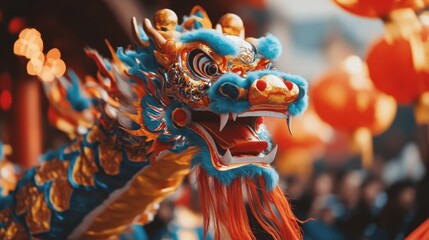 Fototapeta premium Dancers showcase vibrant dragon costumes, creating an engaging display during the festival