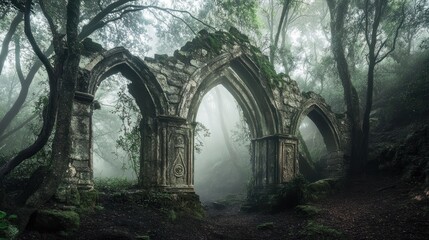 Obraz premium Gothic Stone Arch Ruins in a Misty Forest with Overgrown Vines and Moss
