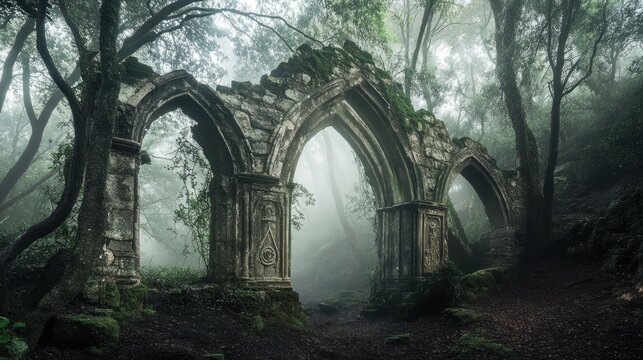 Gothic Stone Arch Ruins in a Misty Forest with Overgrown Vines and Moss