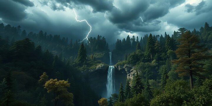 A thunderstorm brews above an enchanted forest with a towering waterfall in the center of the image, mist, greenery, trees