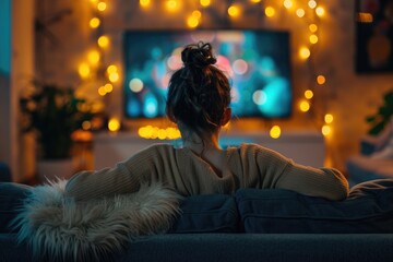 Obraz premium TV Series: Woman Enjoying Evening at Home Watching Online Motion Picture Show