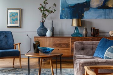 Unique Room. Stylish Modern Scandinavian Living Interior with Design Furniture and Abstract Wall Decor