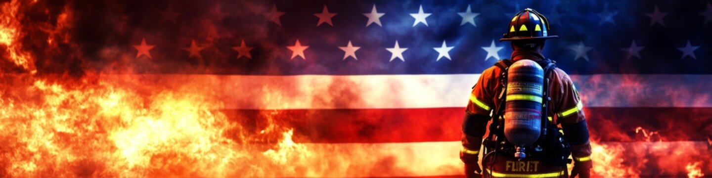 Dynamic double exposure of firefighter silhouette with vibrant American flag on Independence Day.