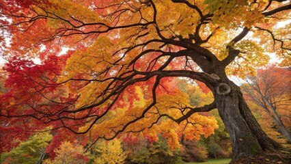 Vibrant abstract colorful autumn tree with swirling leaves, autumnal atmosphere, artistic trees, nature art