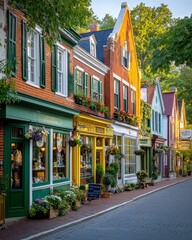 Obraz premium Aerial View of Charming Main Street in a Picturesque Town Surrounded by Lush Greenery and Quaint Shops Ideal for Travel and Tourism Promotion