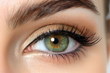 Obraz premium Close-Up of a Beautiful Green Eye with Gold Eyeshadow and Detailed Eyelashes