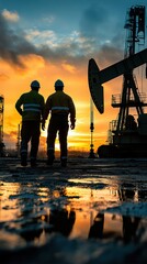 Fototapeta premium Silhouette of two male workers at an oil field during a vibrant sunset.