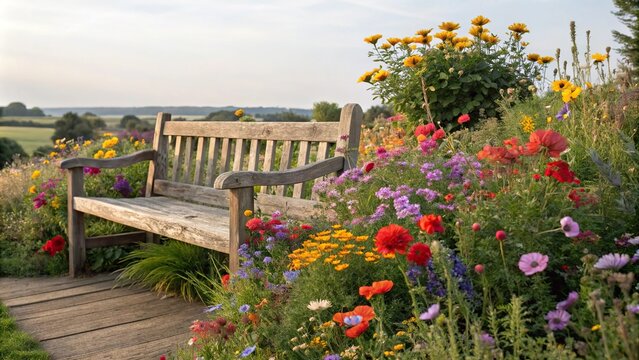A vibrant assortment of colorful wildflowers spilling over the edges of a rustic wooden garden bench, colorful blooms, garden benches, outdoor furniture, botanicals
