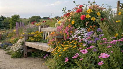 A vibrant assortment of colorful wildflowers spilling over the edges of a rustic wooden garden bench, floral arrangements, wildflowers