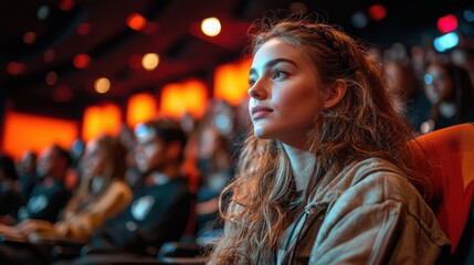 Attendee engaged in contemplation during a presentation at a conference in a modern auditorium