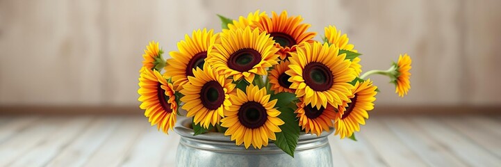 Obraz premium Vibrant sunflowers in a large ceramic pot, sunny disposition, happy vibes